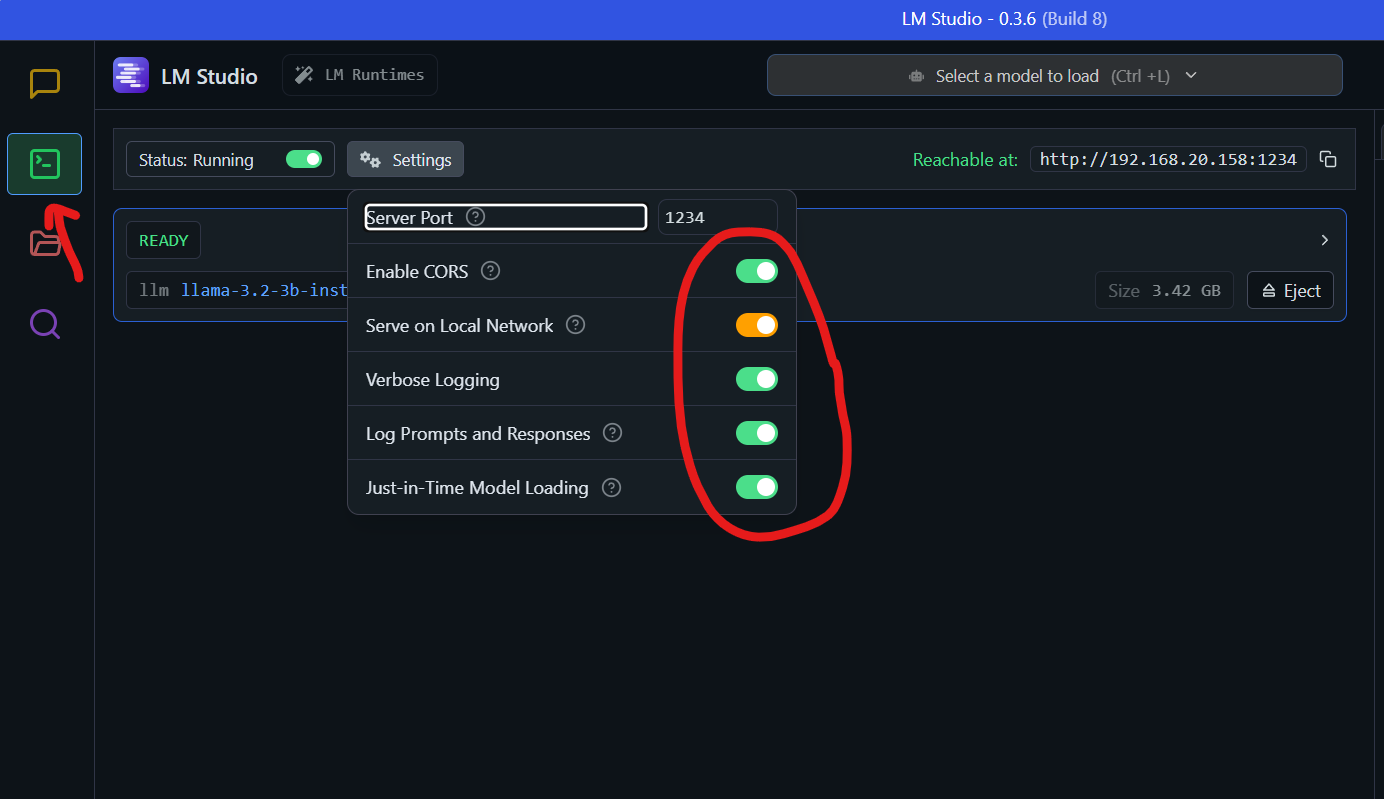 LM Studio Server Settings showing configuration toggles